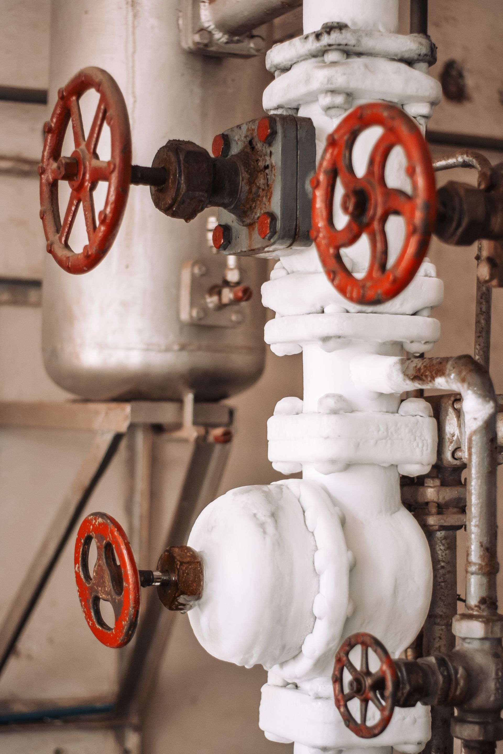 Insulated industrial pipes with red valve handwheels